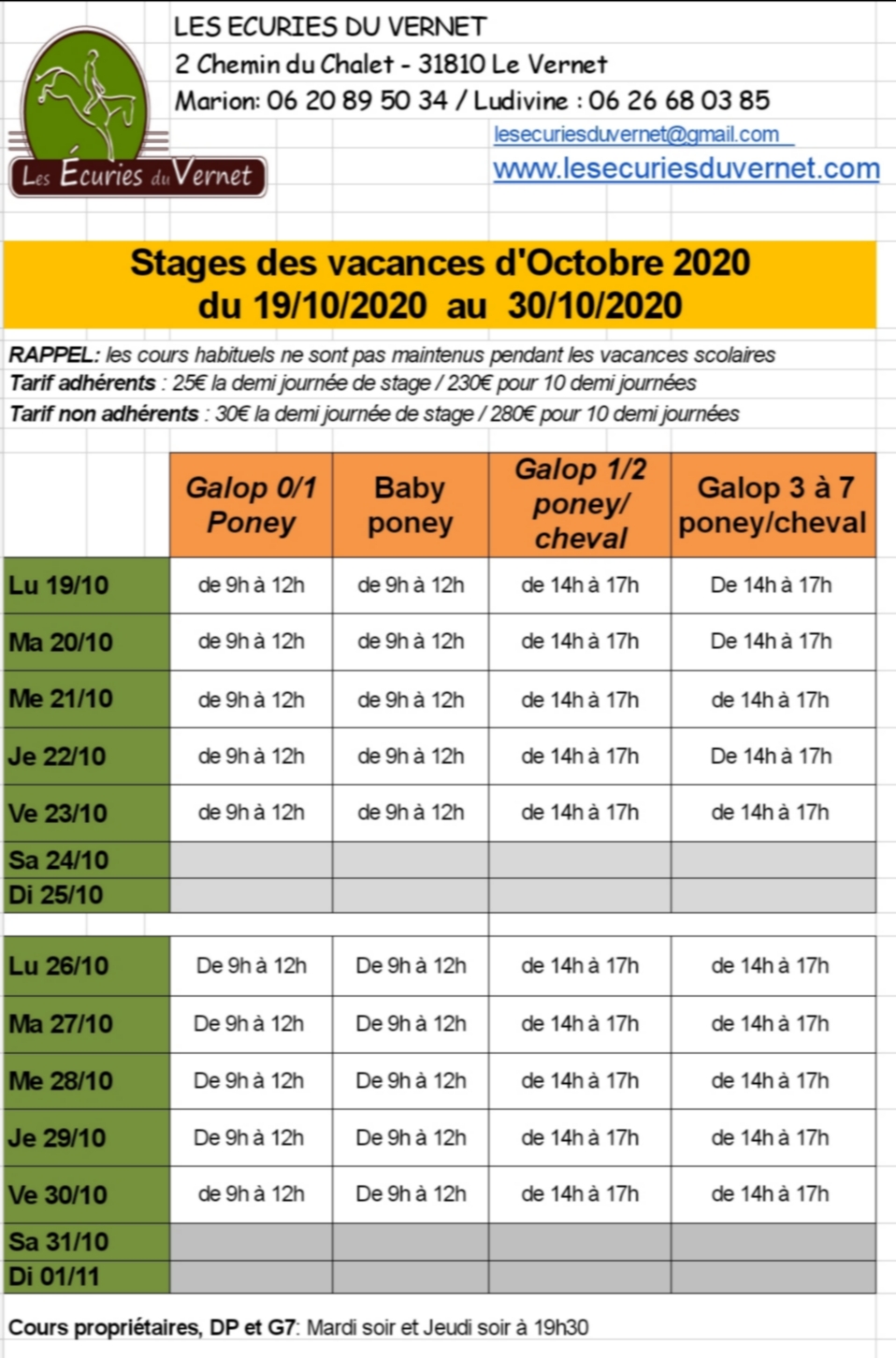 stages octobre 2020